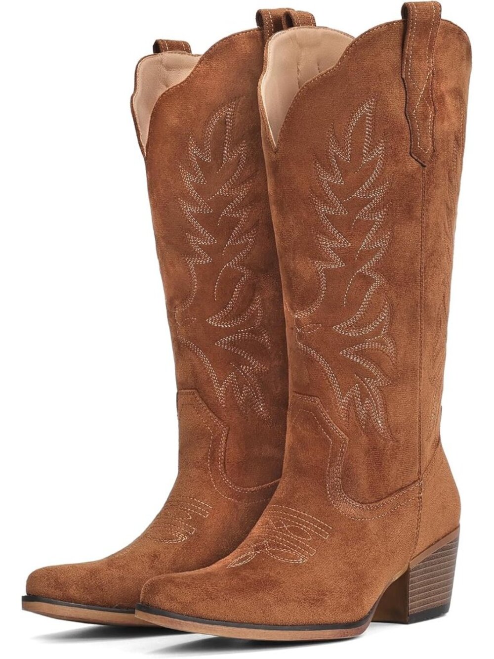 Women’s Brown Slip-On Mid-Calf Embroidered Cowboy Snip Toe Chunky Heel